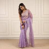 Lavender organza saree with sequins and zardosi threadwork