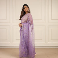 Lavender organza saree with sequins and zardosi threadwork