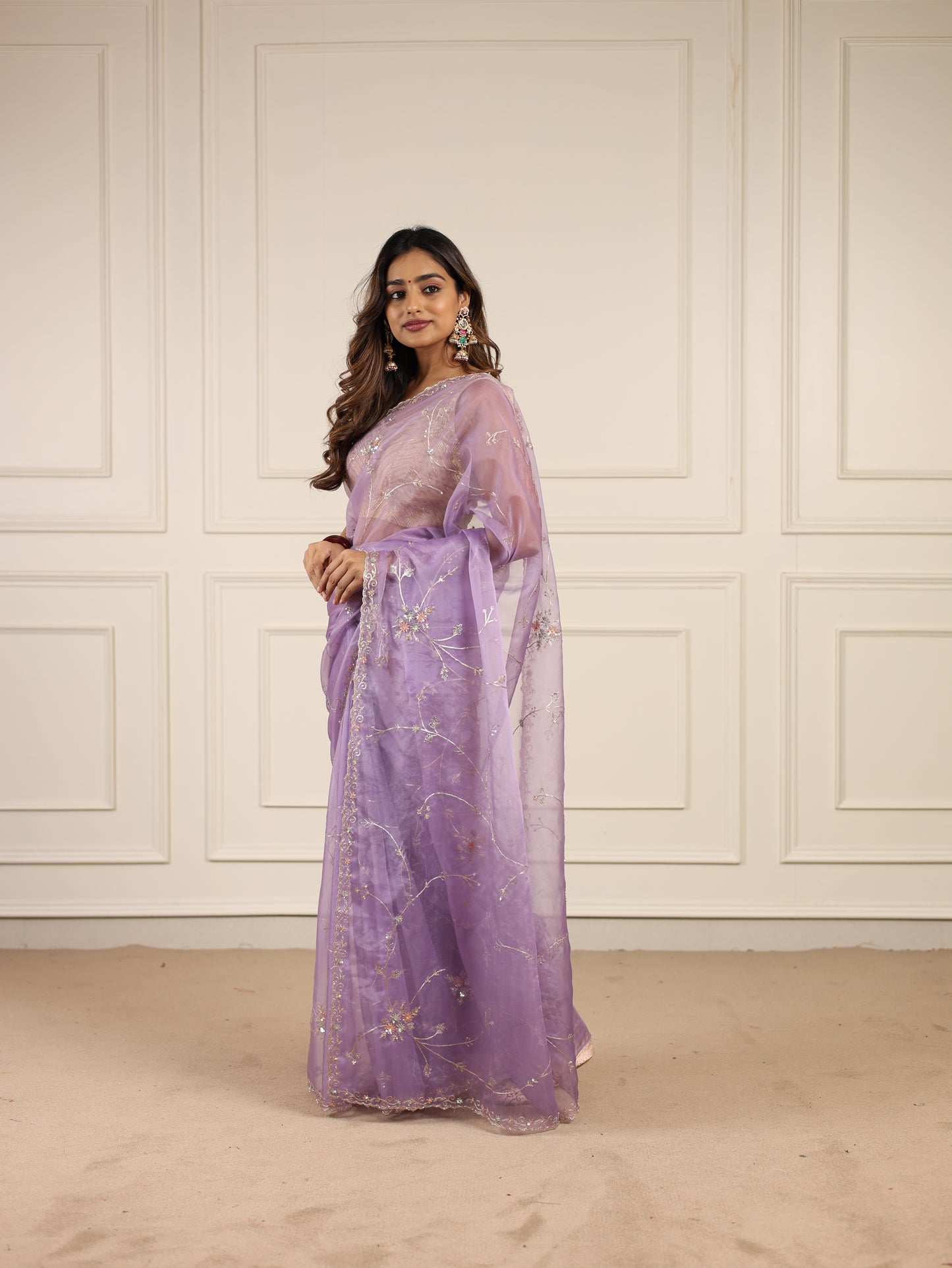 Lavender organza saree with sequins and zardosi threadwork