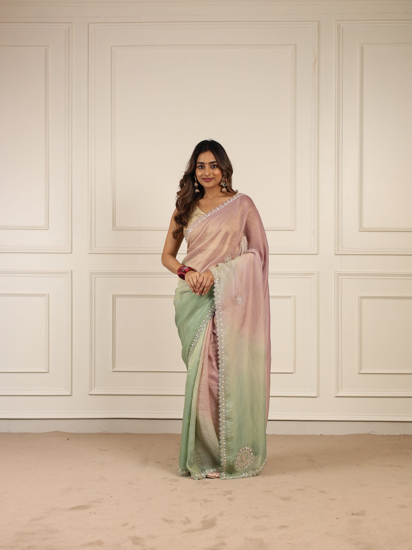 Shaded tissue saree with ari tari work