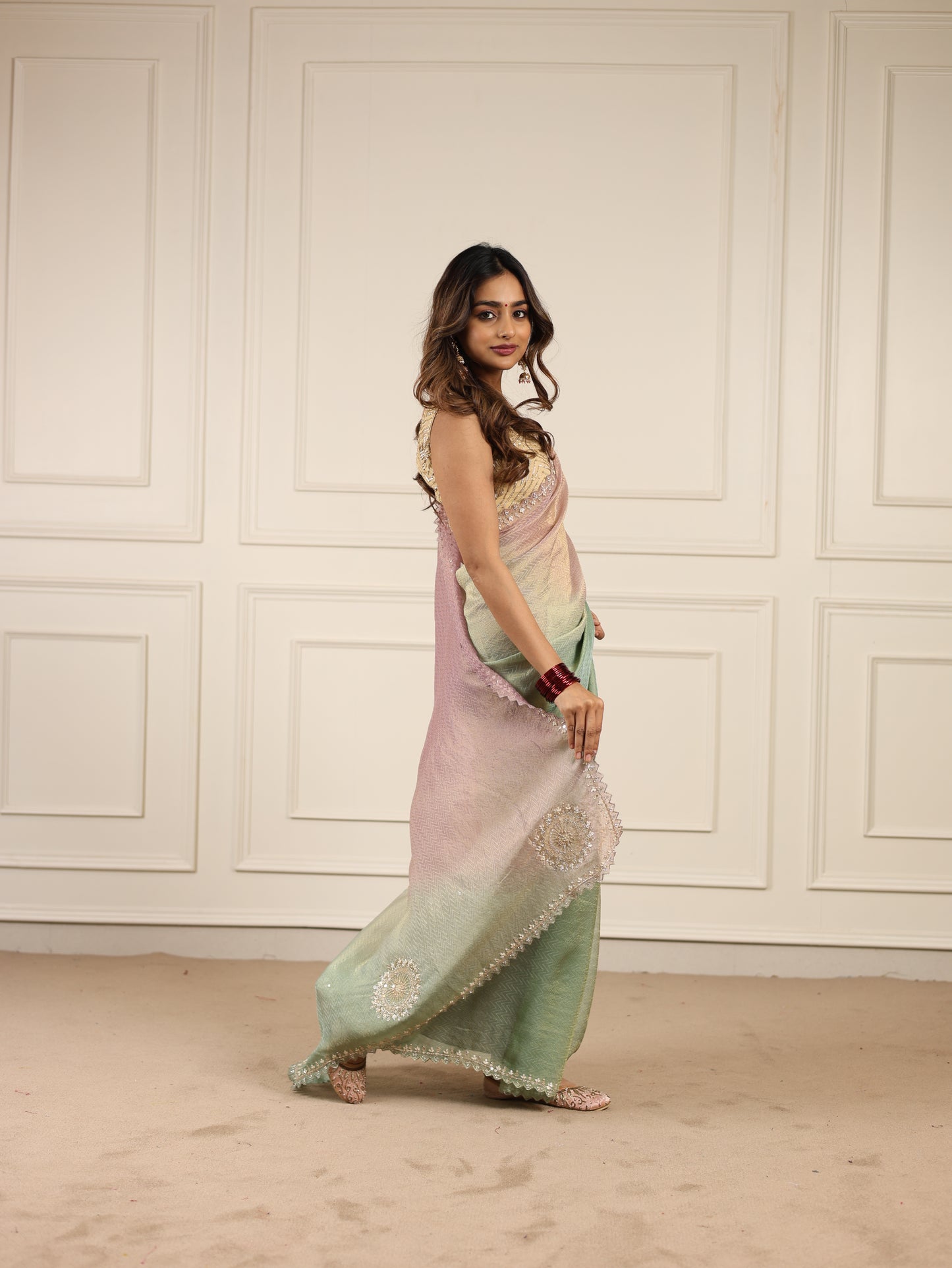 Shaded tissue saree with ari tari work