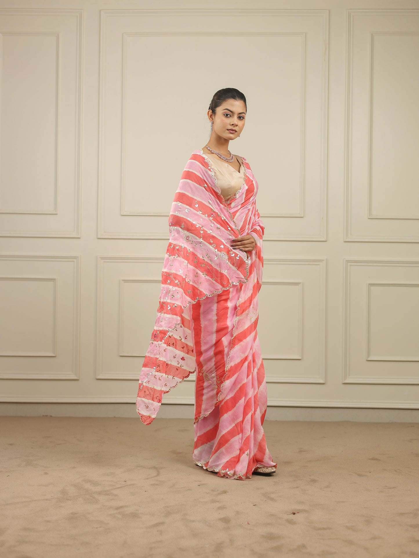 Light tangerine and pink leheriya saree with gottapatti work