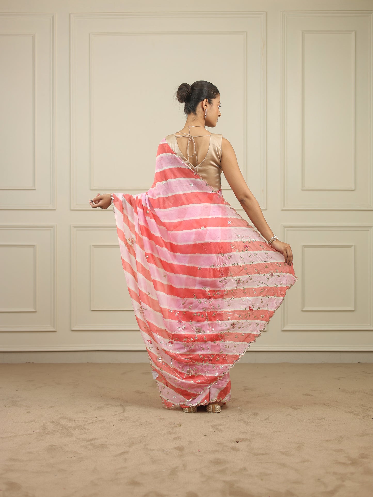 Light tangerine and pink leheriya saree with gottapatti work
