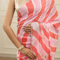 Light tangerine and pink leheriya saree with gottapatti work
