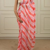 Light tangerine and pink leheriya saree with gottapatti work