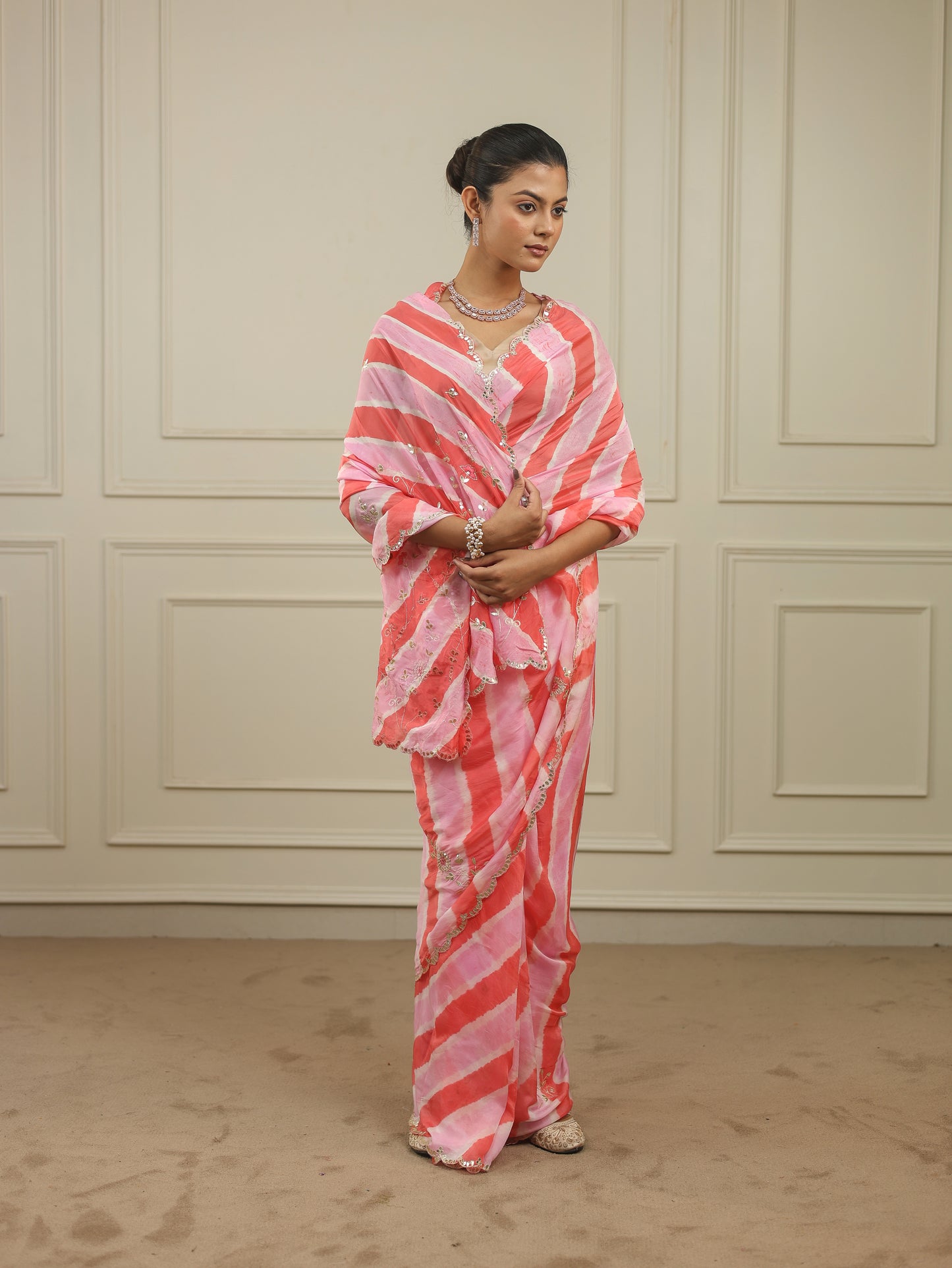 Light tangerine and pink leheriya saree with gottapatti work