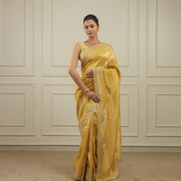 Bright chrome yellow tissue saree with sequins and pittan threadwork