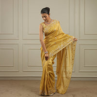 Bright chrome yellow tissue saree with sequins and pittan threadwork