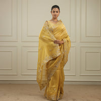 Bright chrome yellow tissue saree with sequins and pittan threadwork