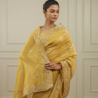 Bright chrome yellow tissue saree with sequins and pittan threadwork
