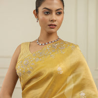 Bright chrome yellow tissue saree with sequins and pittan threadwork