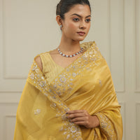 Bright chrome yellow tissue saree with sequins and pittan threadwork