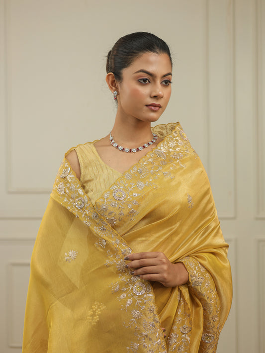 Bright chrome yellow tissue saree with sequins and pittan threadwork