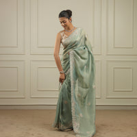 Ocean blue tissue saree with pittan threadwork and sequins
