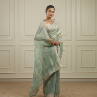 Ocean blue tissue saree with pittan threadwork and sequins