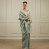 Ocean blue tissue saree with pittan threadwork and sequins
