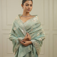Ocean blue tissue saree with pittan threadwork and sequins