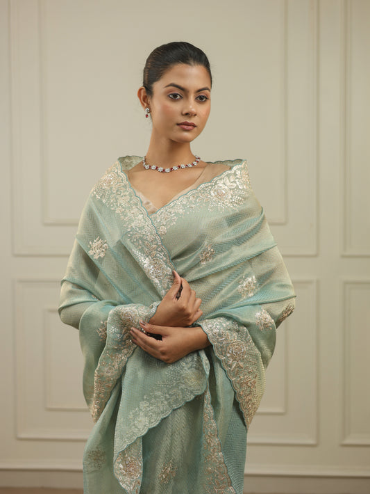 Ocean blue tissue saree with pittan threadwork and sequins