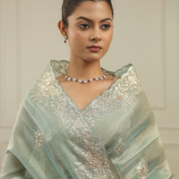Ocean blue tissue saree with pittan threadwork and sequins