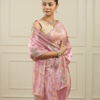 Blush pink organza saree with gottapatti, sequins and thread work and motifs