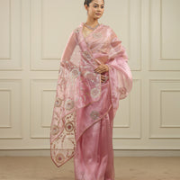 Blush pink organza saree with gottapatti, sequins and thread work and motifs