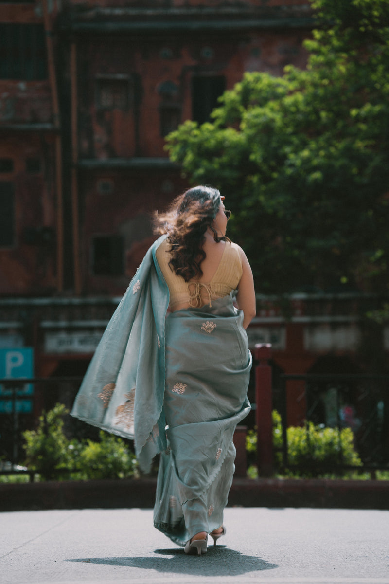 Ocean blue Saree With Zardosi and Sequins Threadwork and Floral Motifs