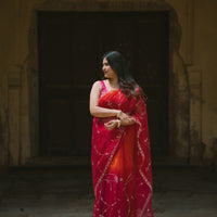Beautiful shaded pink/red organza saree with sequins and zardosi threadwork