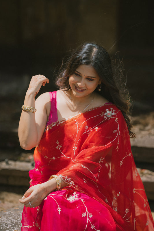 Beautiful shaded pink/red organza saree with sequins and zardosi threadwork