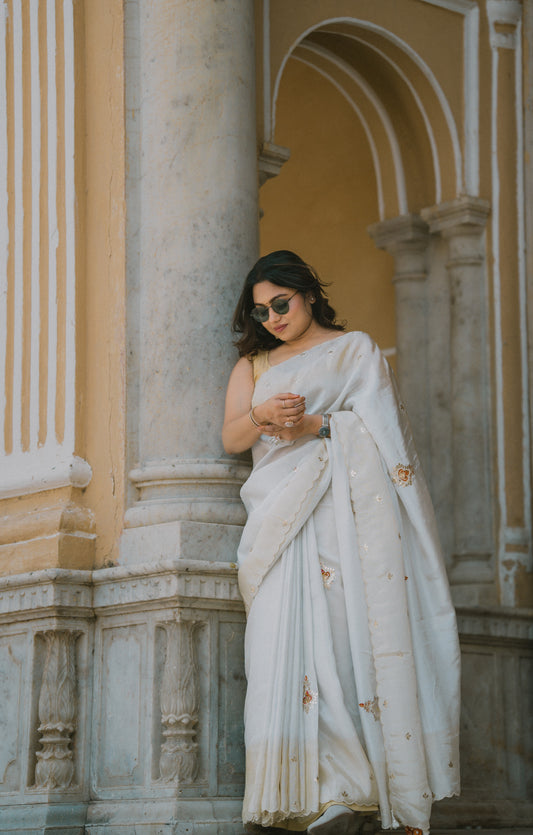 Cream & golden satin silk saree With orange gottapatti motifs