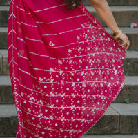 Leheriya dark pink satin Saree with gottapatti work