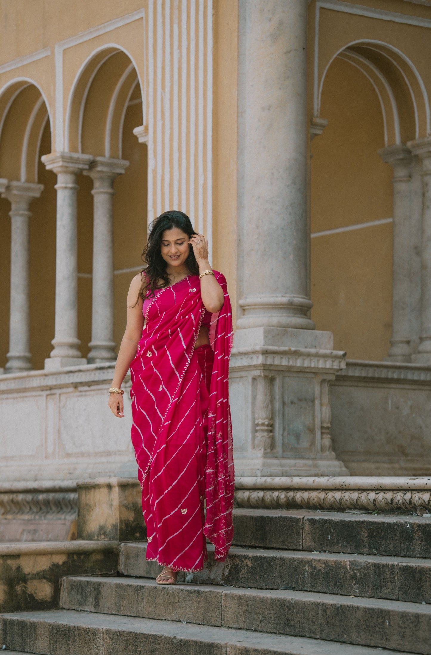 Leheriya dark pink satin Saree with gottapatti work