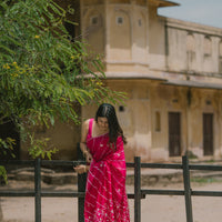 Leheriya dark pink satin Saree with gottapatti work