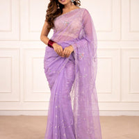 Lavender organza saree with sequins and zardosi threadwork