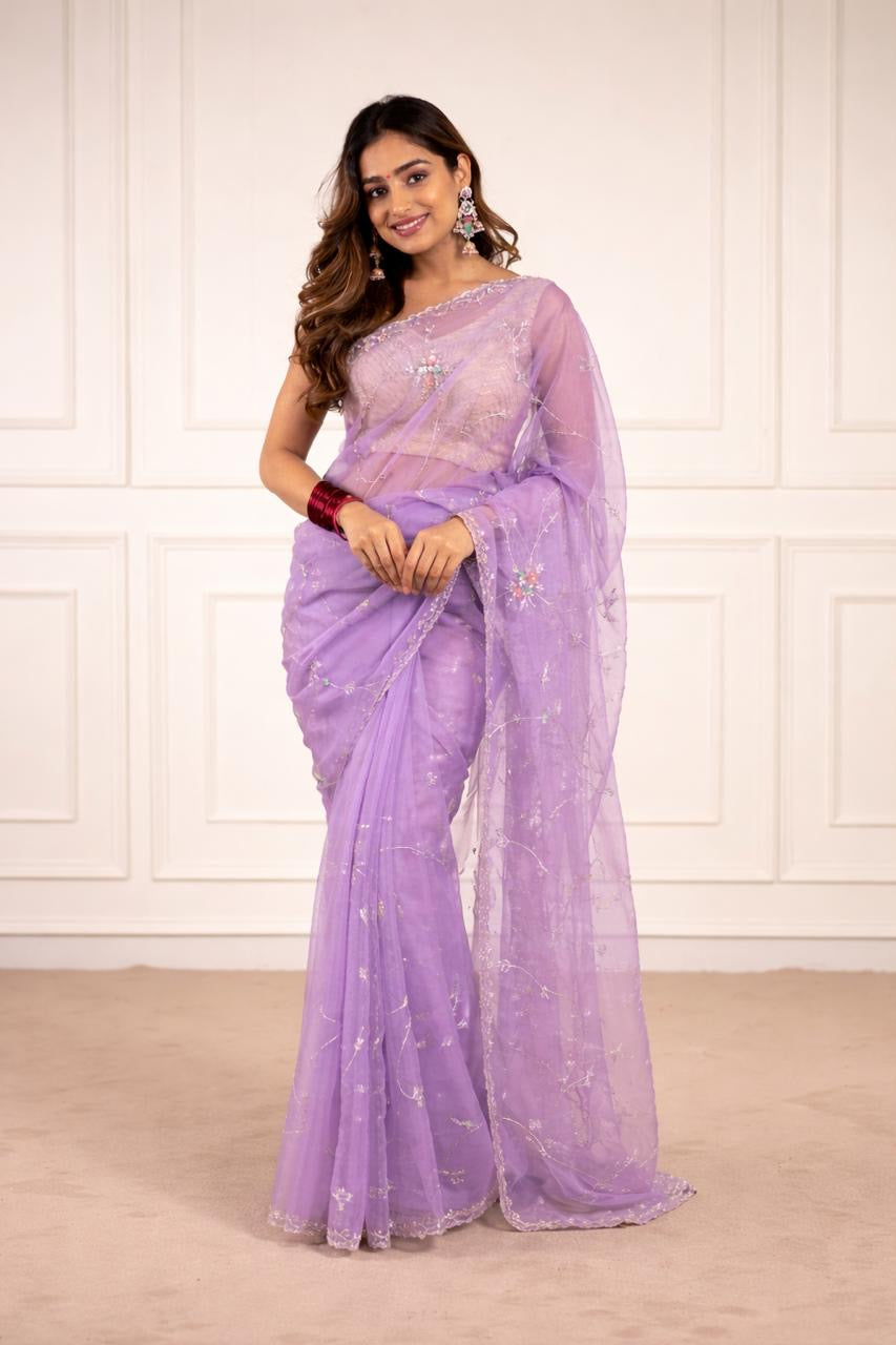 Lavender organza saree with sequins and zardosi threadwork