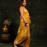 Yellow saree with Sequins and threadwork along with matching blouse