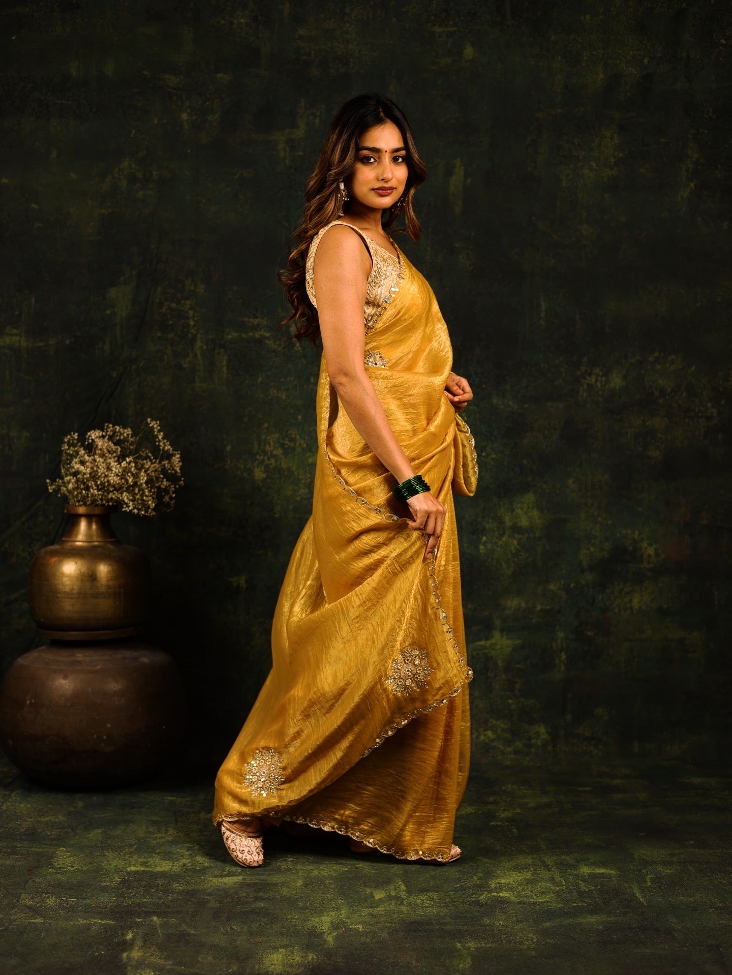 Yellow saree with Sequins and threadwork along with matching blouse