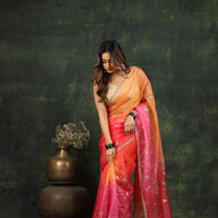 Shaded pink/red organza saree with sequins and zardosi threadwork