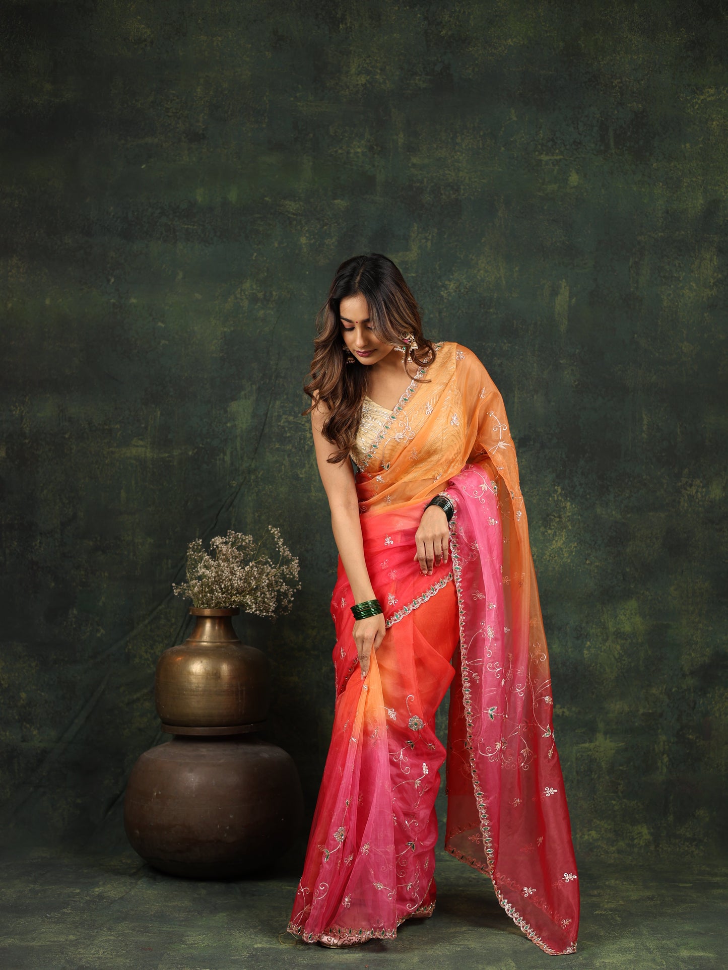 Shaded pink/red organza saree with sequins and zardosi threadwork