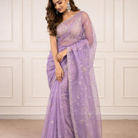 Lavender organza saree with sequins and zardosi threadwork