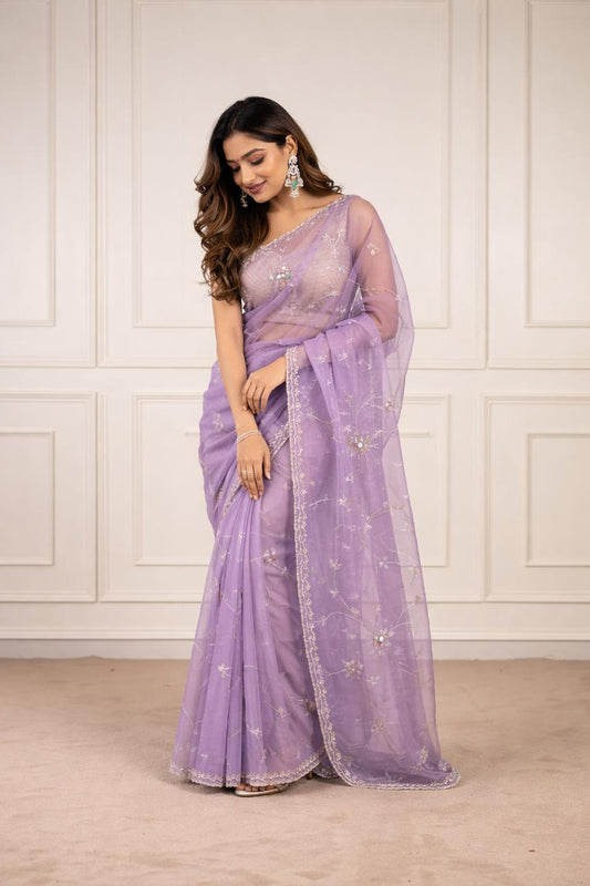 Lavender organza saree with sequins and zardosi threadwork