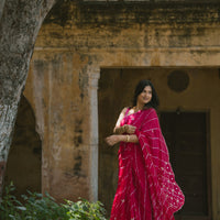 Leheriya dark pink satin Saree with gottapatti work