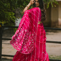 Leheriya dark pink satin Saree with gottapatti work