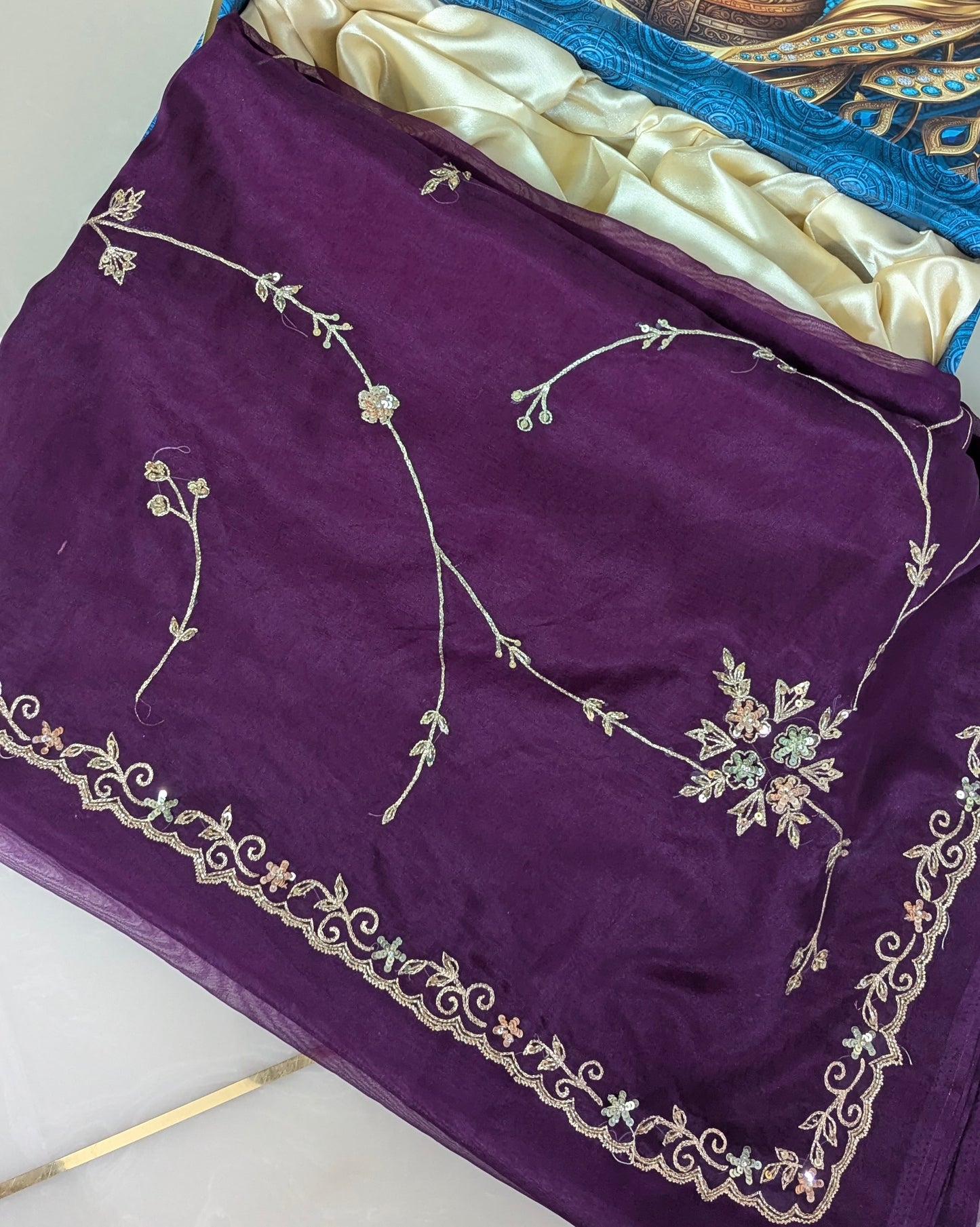 Beautiful purple organza saree with sequins and zardosi threadwork