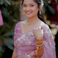 Beautiful blush pink organza saree with sequins and threadwork