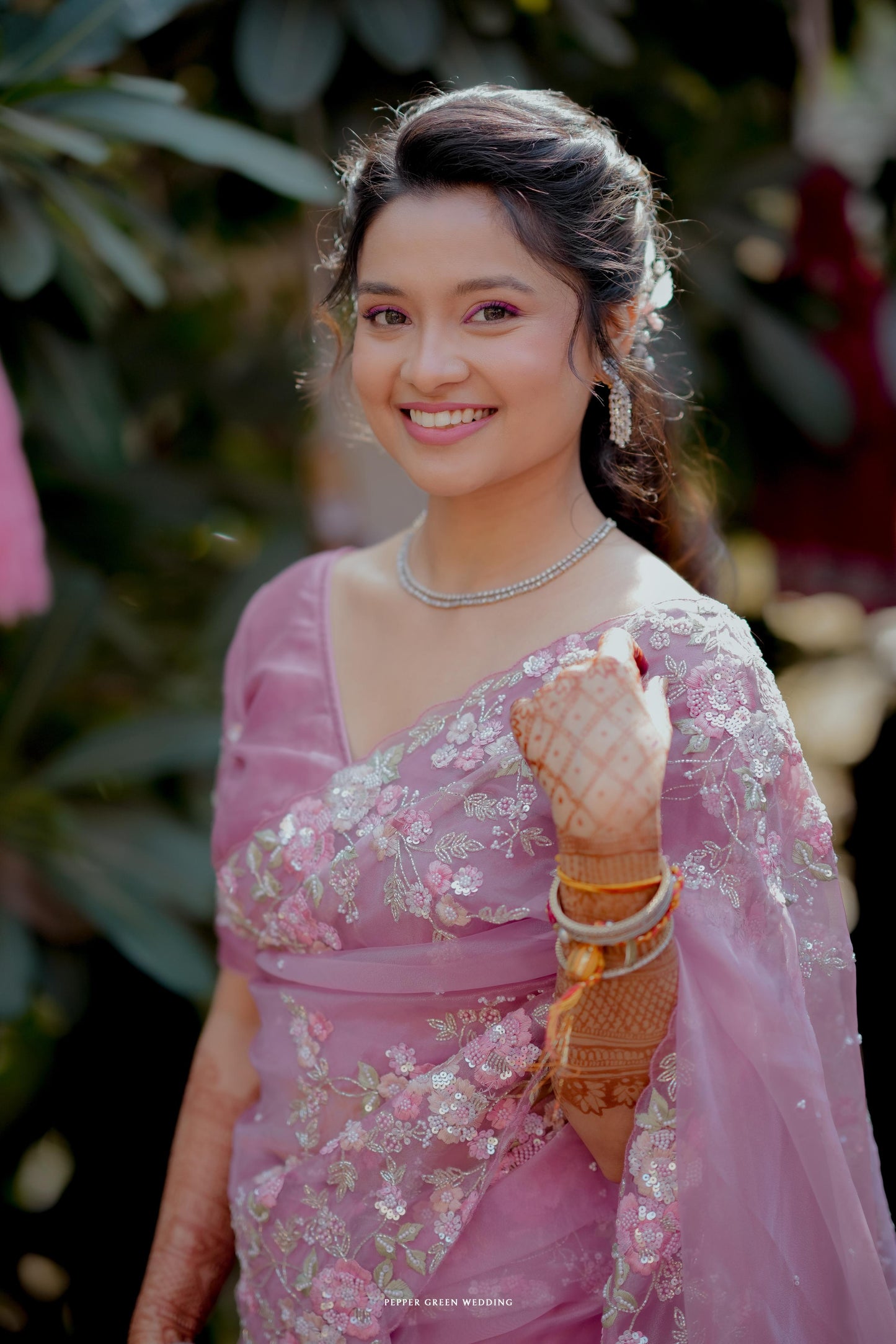 Beautiful blush pink organza saree with sequins and threadwork