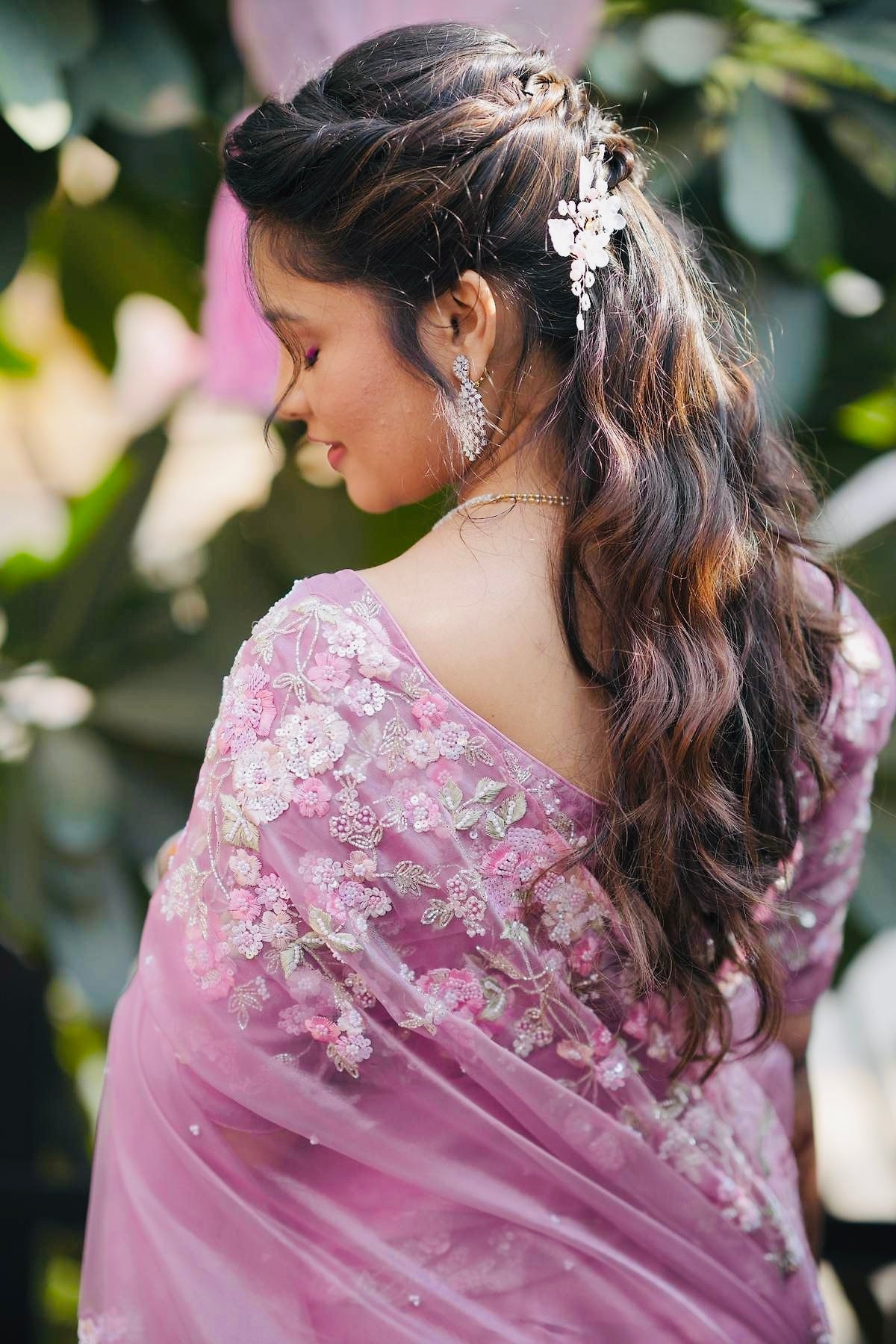 Beautiful blush pink organza saree with sequins and threadwork