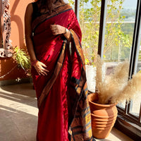 Kalyani pure cotton saree with zari border in Red and Black
