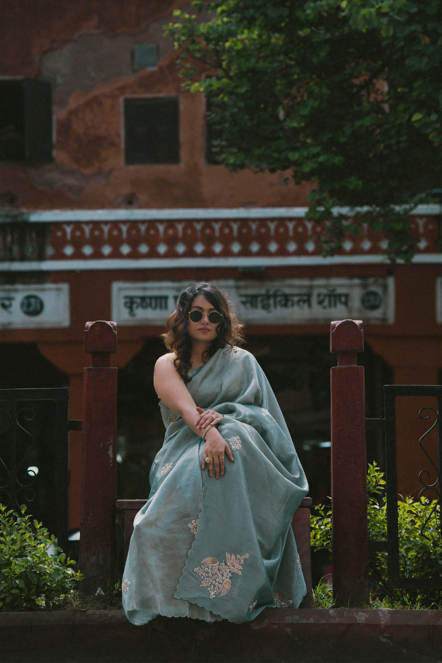 Ocean blue saree with zardosi and sequins threadwork and floral motifs