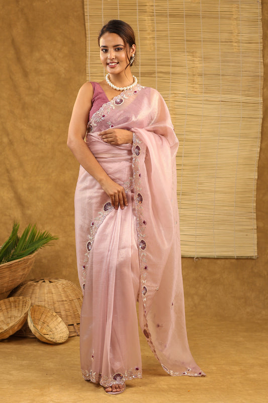Tissue light pink saree with threadwork and matching blouse