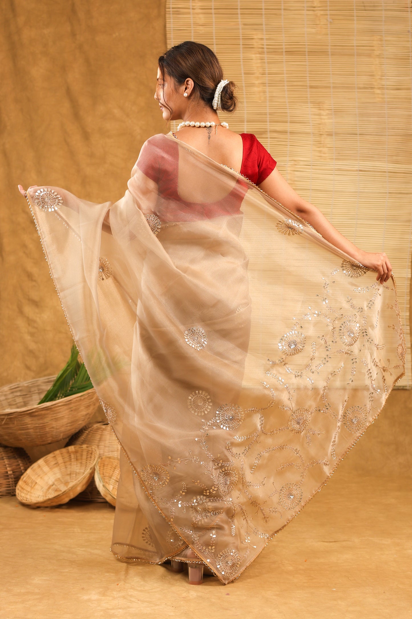 Organza golden saree with gottapatti work and matching  saree